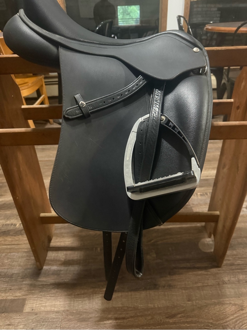 Black English Dressage Saddle with Stirrup Irons